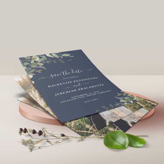 BUDGET Navy Blue Eucalyptus Photo Save the Date Flyer (Creator Uploaded)