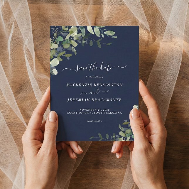 Budget Navy Blue Eucalyptus Wedding Save the Date (Creator Uploaded)