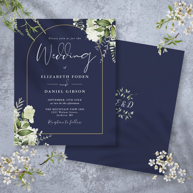 Budget Navy Blue Floral Gold Arch Wedding Invite (Budget Navy Blue Floral Gold Arch Wedding Invite)
