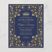 Budget Navy Blue Floral Gold Tiara Quinceanera