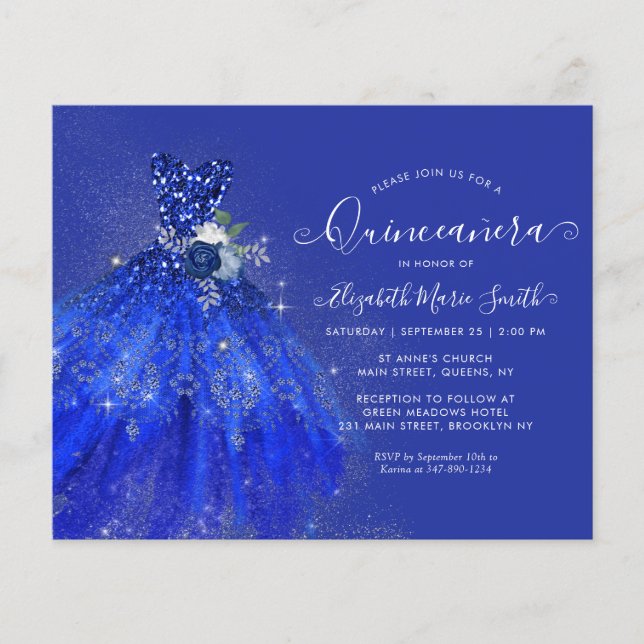 Budget Navy Blue Floral Silver Glitter Quinceanera (Front)