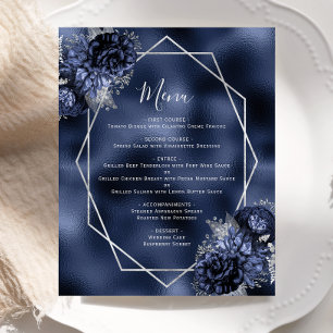 Budget Navy Blue Floral Silver Wedding Menu