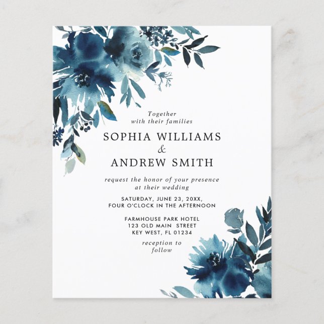Budget Navy Blue Flowers Indigo Wedding Invitation (Front)