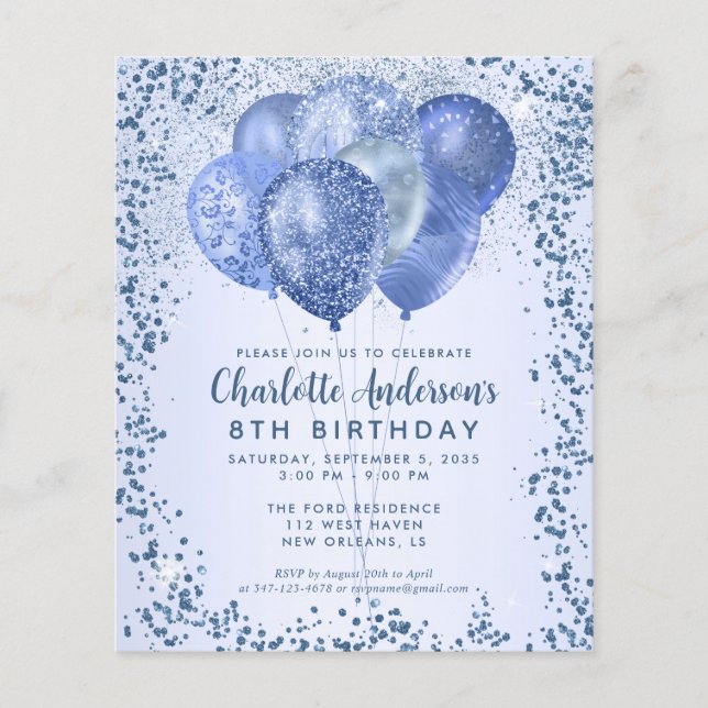 Budget Navy Blue Glitter Balloon Kids Birthday Flyer (Front)