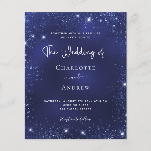 Budget navy blue glitter dust wedding invitation (Front)