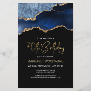 Budget Navy Blue Gold Agate 70th Birthday Invite