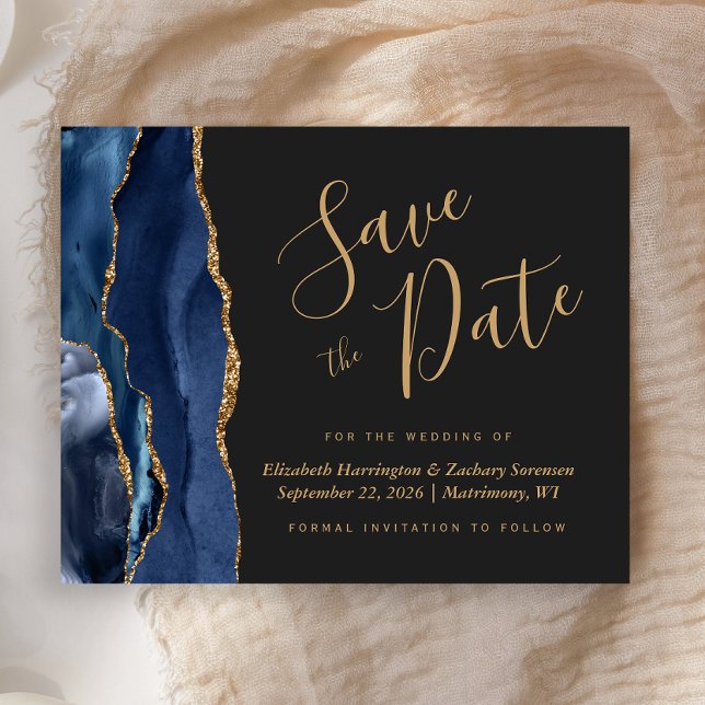 Budget Navy Blue Gold Agate Dark Save the Date (Creator Uploaded)
