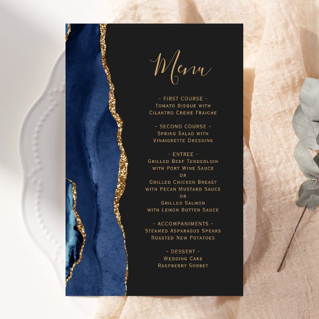 Budget Navy Blue Gold Agate Dark Wedding Menu (Creator Uploaded)