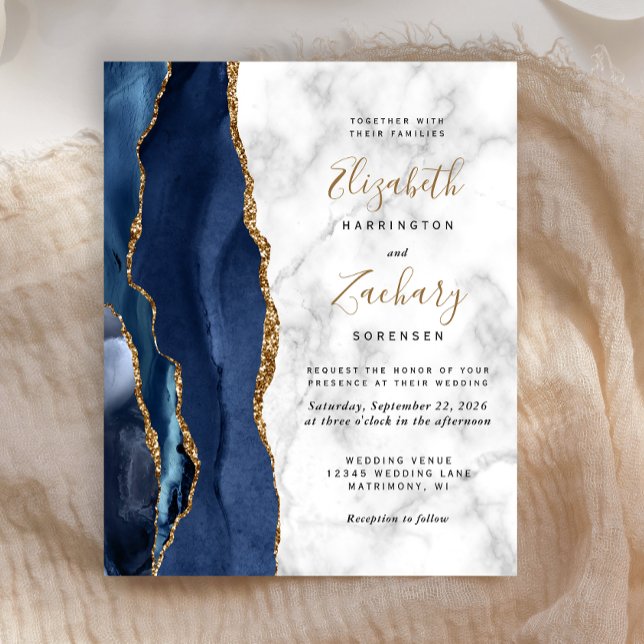 Budget Navy Blue Gold Agate Marble Wedding Invite (Creator Uploaded)