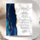 Budget Navy Blue Gold Agate Marble Wedding Menu<br><div class="desc">The left-hand edge of this elegant modern wedding menu features a navy blue watercolor agate border trimmed with faux gold glitter. The customisable text combines gold-coloured handwriting script with black copperplate font on a grey and white marble texture background. The reverse side features a matching navy blue and gold agate...</div>