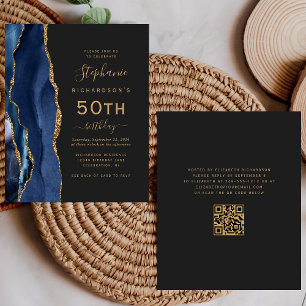 Budget Navy Blue Gold Agate QR Code 50th Birthday
