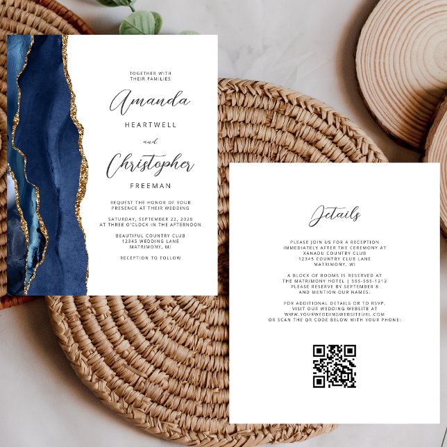 Budget Navy Blue Gold Agate QR Code Wedding (Creator Uploaded)