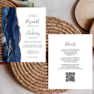 Budget Navy Blue Gold Agate QR Code Wedding Invite