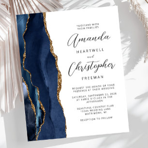 Budget Navy Blue Gold Agate Wedding Invitation