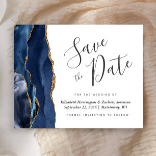 Budget Navy Blue Gold Agate Wedding Save the Date