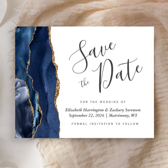 Budget Navy Blue Gold Agate Wedding Save the Date (Creator Uploaded)