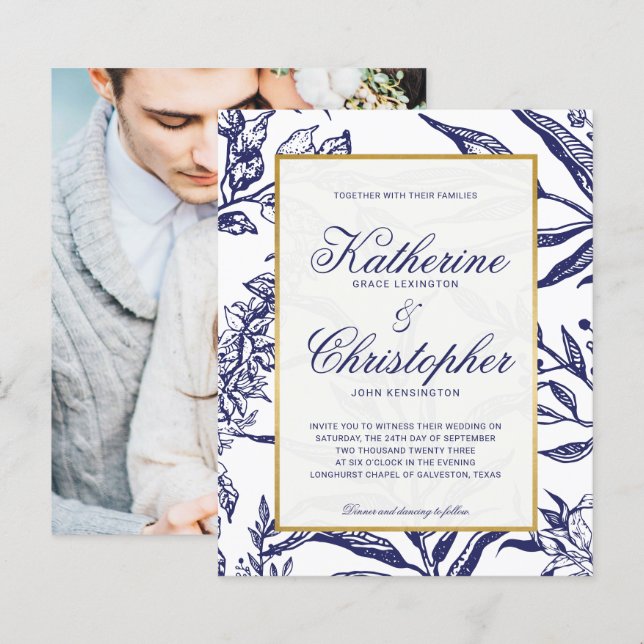 BUDGET Navy Blue Gold Botanical Photo Wedding (Front/Back)