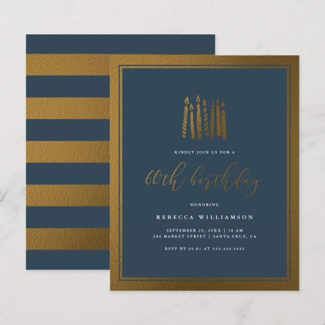 Budget Navy Blue & Gold Candles 60th Birthday (Front/Back)