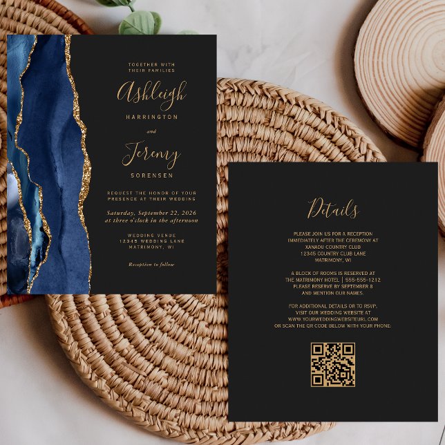 Budget Navy Blue Gold Dark QR Code Wedding Invite (Creator Uploaded)