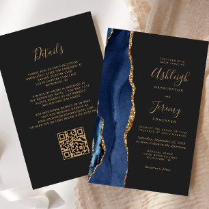 Budget Navy Blue Gold Dark QR Code Wedding Invite