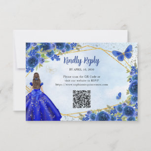Budget Navy Blue Gold Floral Princess QR RSVP Card