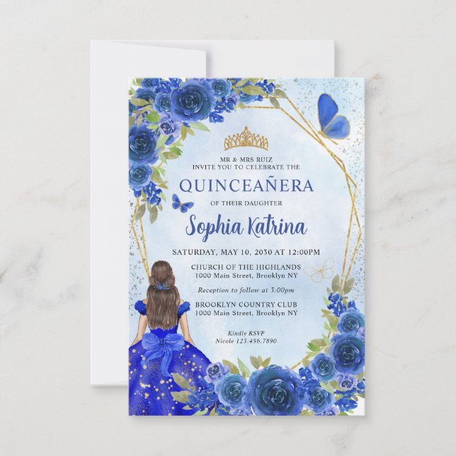 Budget Navy Blue Gold Floral Princess Quinceañera Card (Front)