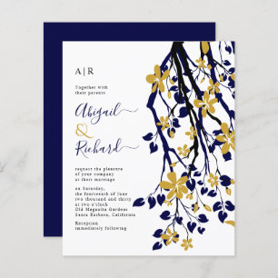 BUDGET Navy blue, gold floral wedding invitation
