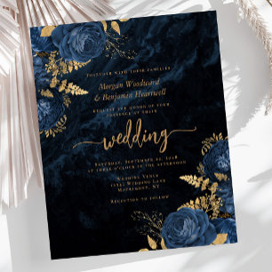 Budget Navy Blue Gold Floral Wedding Invite