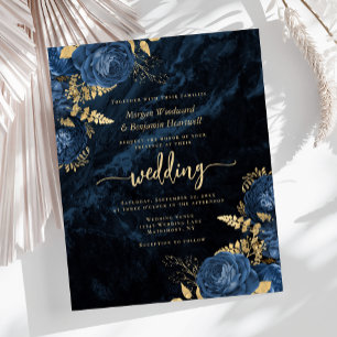 Budget Navy Blue Gold Floral Wedding Invite