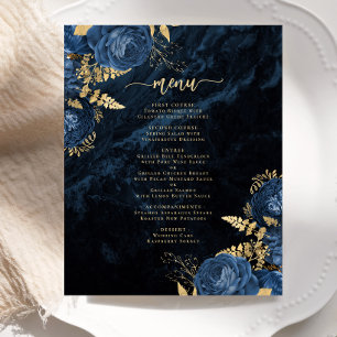 Budget Navy Blue Gold Floral Wedding Menu