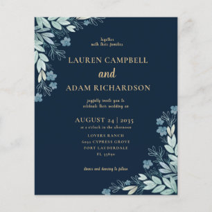 Budget Navy Blue & Gold Foliage Wedding Invitation