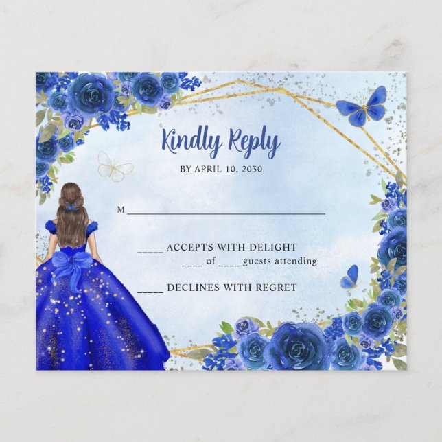 Budget Navy Blue Gold Glitter Floral Princess RSVP (Front)