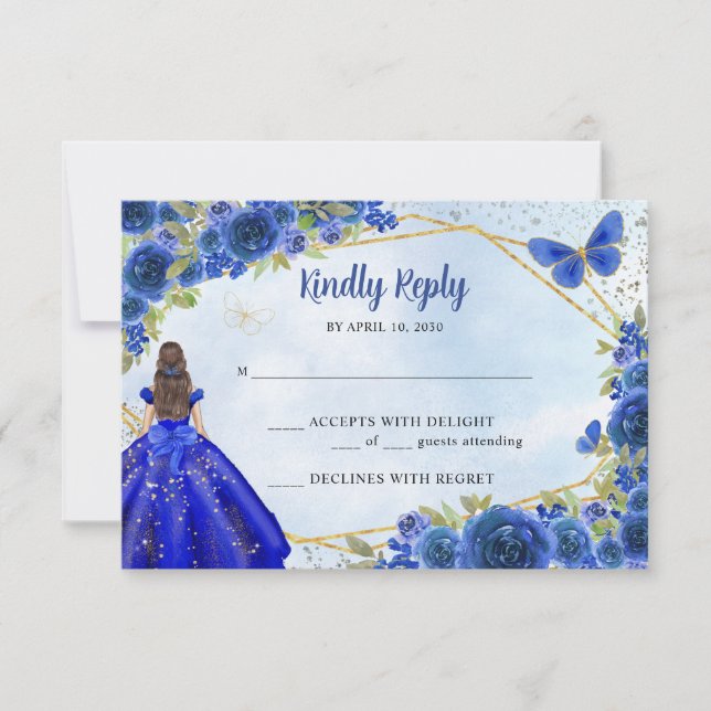 Budget Navy Blue Gold Glitter Floral Princess RSVP Card (Front)