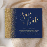 Budget Navy Blue Gold Glitter Save the Date<br><div class="desc">This elegant budget save the date card features a border of gold faux glitter along the left edge. The customisable text combines gold-coloured whimsical handwriting script,  copperplate and italic fonts on a navy blue background. The reverse side features a matching navy blue and gold glitter design.</div>