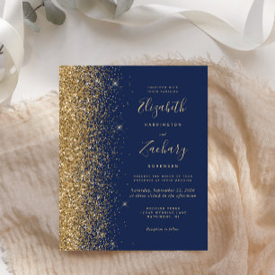 Budget Navy Blue Gold Glitter Wedding Invitation