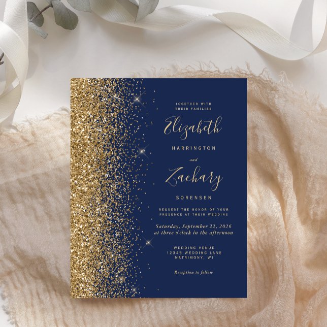 Budget Navy Blue Gold Glitter Wedding Invitation (Creator Uploaded)