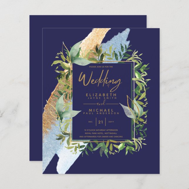 BUDGET  Navy Blue Gold Greenery Wedding Invites (Front/Back)