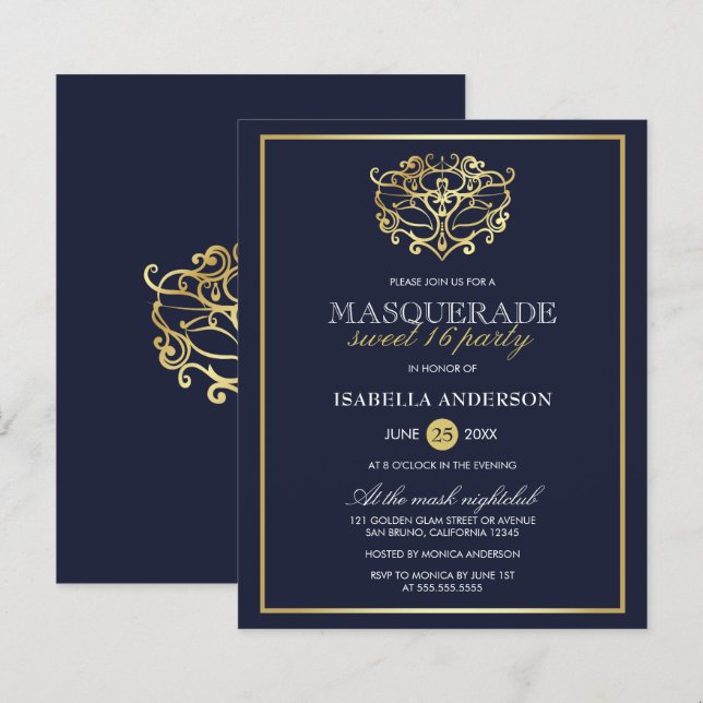 Budget Navy Blue & Gold Masquerade Sweet 16 Party (Front/Back)