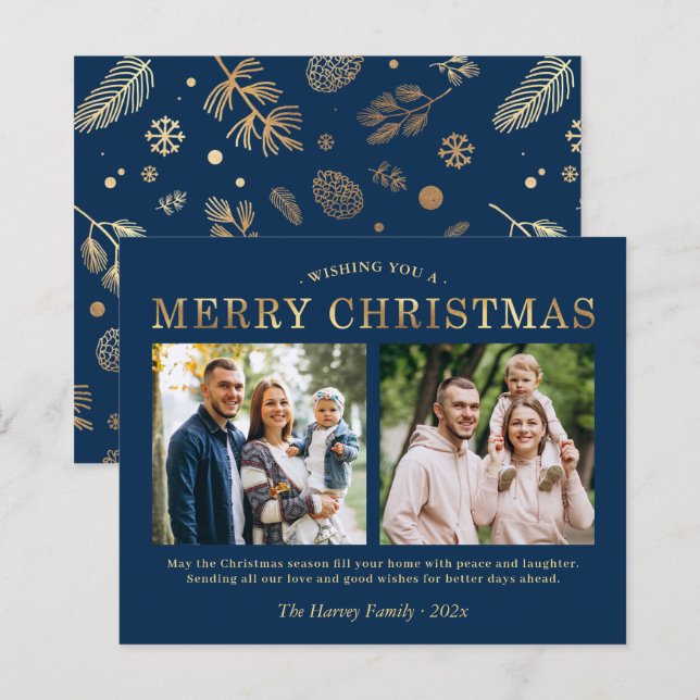 Budget Navy Blue Gold Merry Christmas Photo Card (Front/Back)