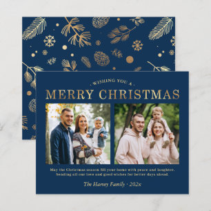 Budget Navy Blue Gold Merry Christmas Photo Card