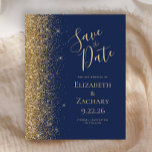 Budget Navy Blue Gold Save the Date Card<br><div class="desc">The left-hand edge of this elegant modern wedding save the date card features a gold faux glitter border. The customisable text combines pale gold-coloured handwriting,  copperplate and italic fonts on a navy blue background. The reverse side features a matching navy blue and gold design.</div>