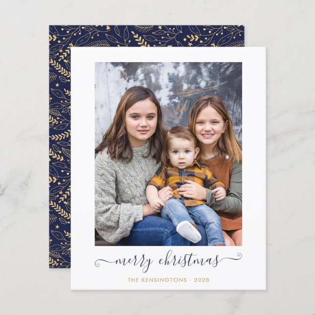 BUDGET Navy Blue Gold Script Merry Christmas Photo (Front/Back)