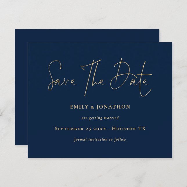 Budget Navy Blue Gold Script Save The Date (Front/Back)