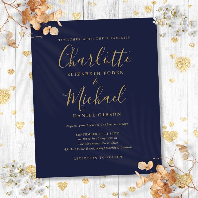Budget Navy Blue Gold Script Wedding Invitation (Budget Navy Blue Gold Script Wedding Invitation)