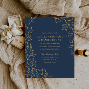 Budget Navy Blue Gold Wedding Invitation