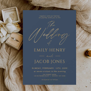 Budget Navy Blue Gold Wedding Modern Invitation