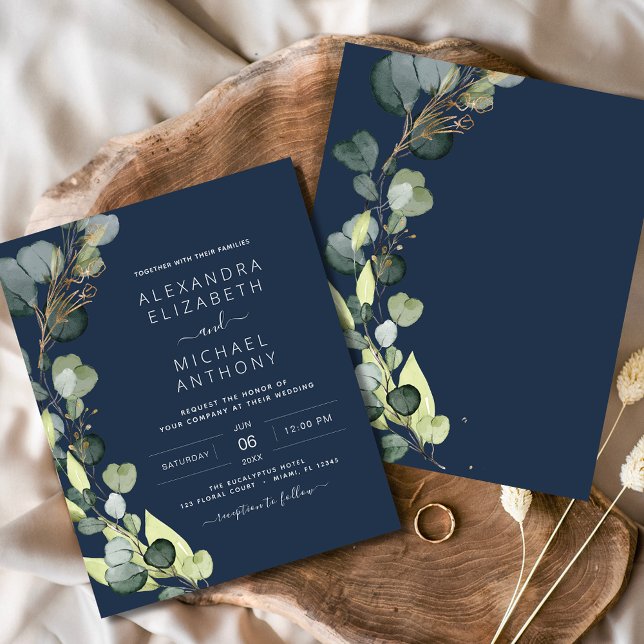 Budget Navy Blue Greenery Eucalyptus Wedding Flyer (Creator Uploaded)