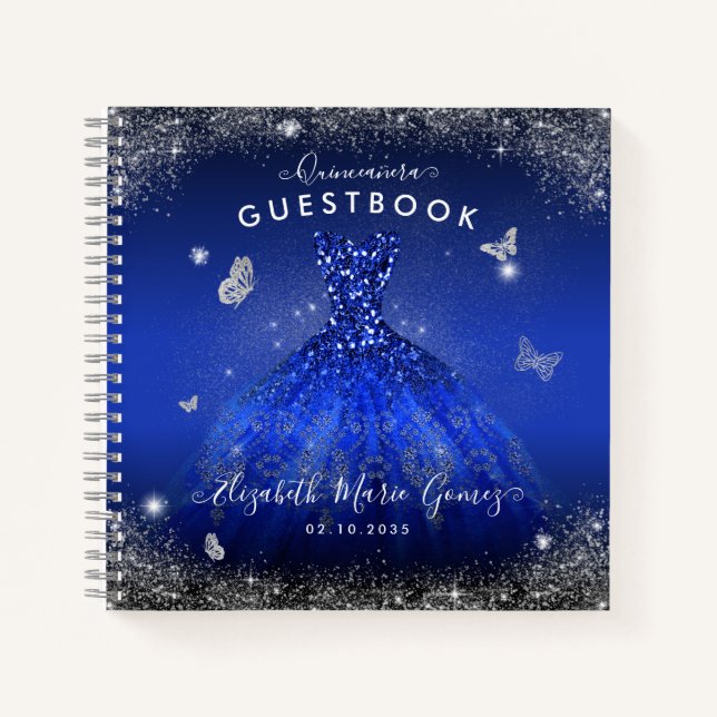 Budget Navy Blue Grey Gown Quinceanera Guestbook  Notebook (Front)