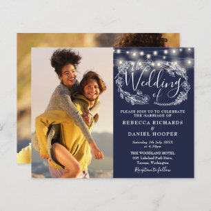 Budget Navy Blue Lights 2 Photo Wedding Invite