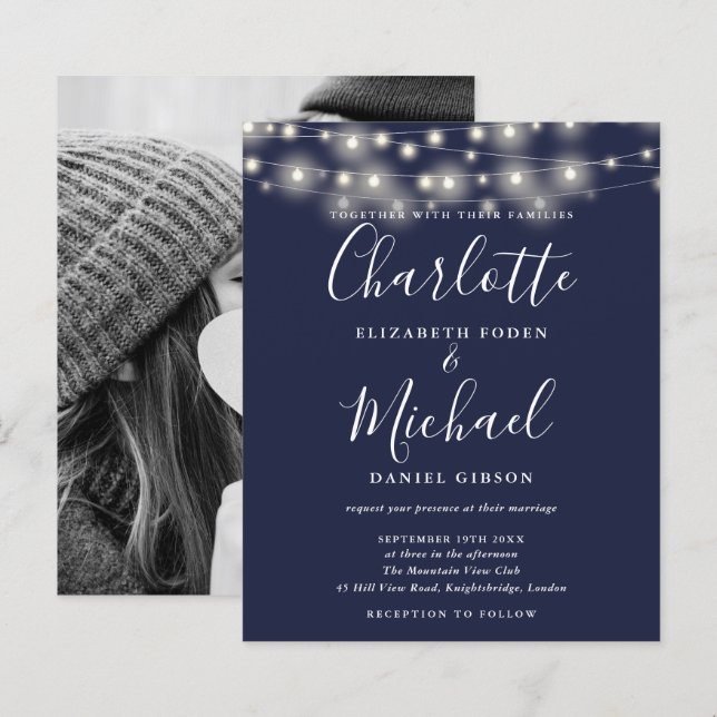 Budget Navy Blue Lights Photo Wedding Invitation (Front/Back)